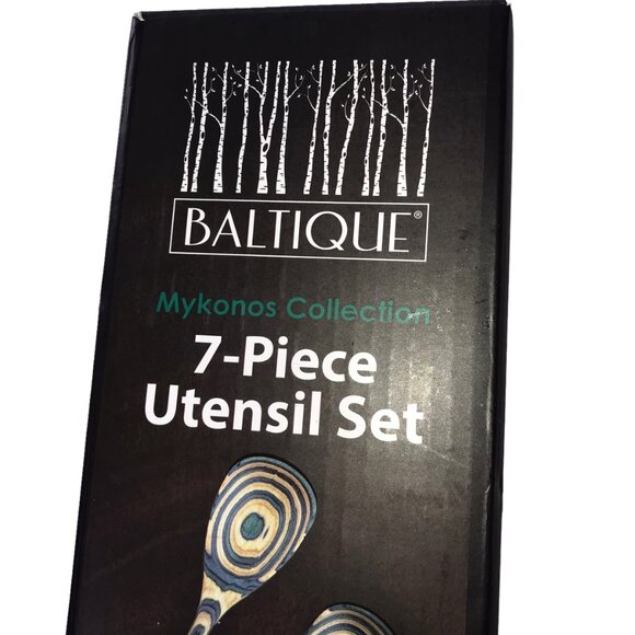 New BALTIQUE Mykonos Collection 7-Piece Utensil Set.  Tan / Blue Striped Spatula - Picture 6 of 8